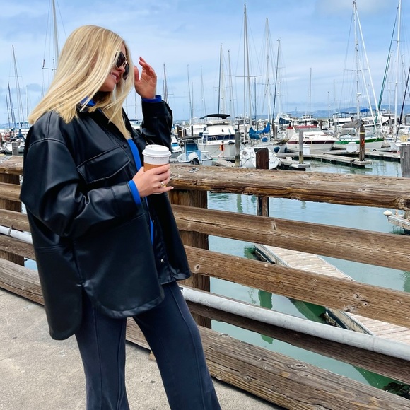 Zara Black Leather Jacket Oversized Shacket With Front Pockets Collared Buttons - Picture 13 of 14